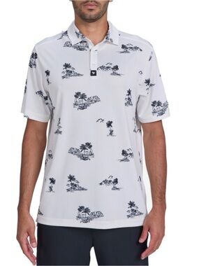 Bad Birdie Beachy Piqué Golf Polo White Navy Island Print Short Sleeve Size L